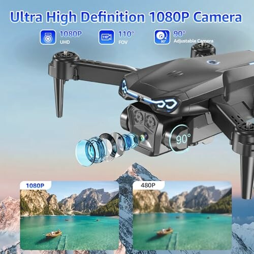 High definition 1080P camera drone with adjustable lens and scenic comparison images.