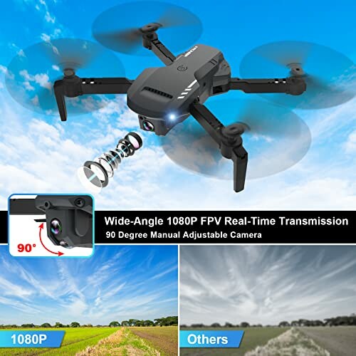 Drone with wide-angle 1080P FPV real-time transmission and adjustable camera.