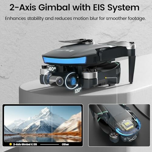 Drone with 2-axis gimbal and EIS system for stability and motion blur reduction.