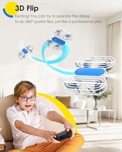 Child enthusiastically flying a drone indoors with 3D flip feature.