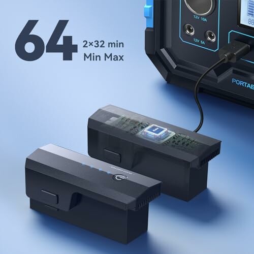 Two batteries connected to a charging device with display showing 64 minutes.