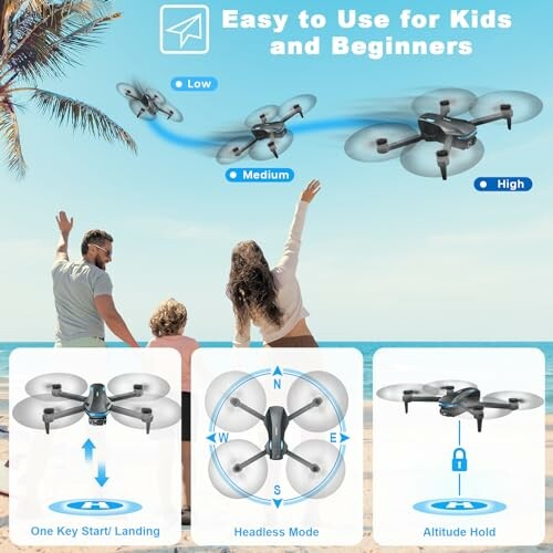 Family on beach using a drone with features like easy use, altitude hold, and headless mode.