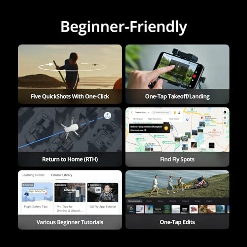 Beginner-friendly drone features including QuickShots, easy takeoff, return home, find fly spots, tutorials, and edits.