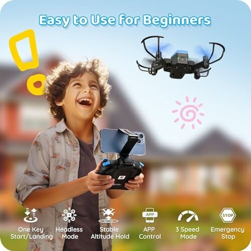 Child excitedly flying a small drone outdoors with remote control.