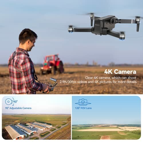 Man operating a drone with 4K camera over farmland.