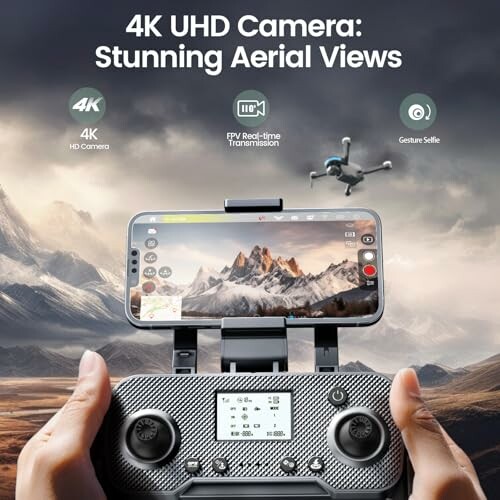 Drone controller with smartphone display showing aerial view and 4K UHD camera features.