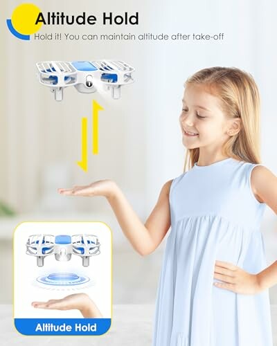 Girl demonstrating drone altitude hold feature with hand gesture.