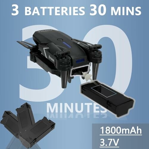 Drone with three batteries providing 30 minutes of flight time, 1800mAh, 3.7V