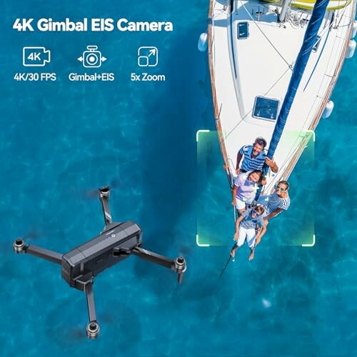 Drone capturing a family on a boat in clear blue water