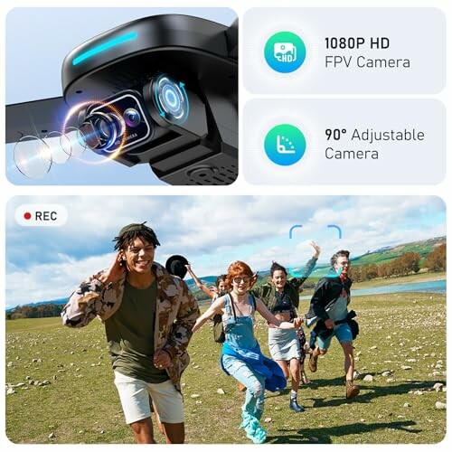 Drone features 1080P HD FPV and 90-degree adjustable camera with people running outdoors.