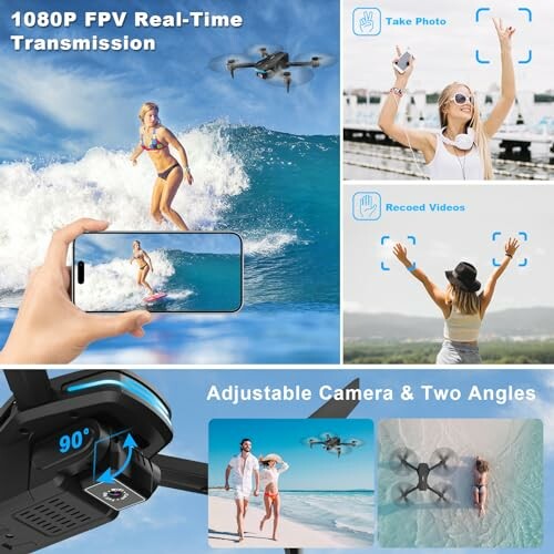 Drone capturing photos and videos with FPV transmission and adjustable camera angles.