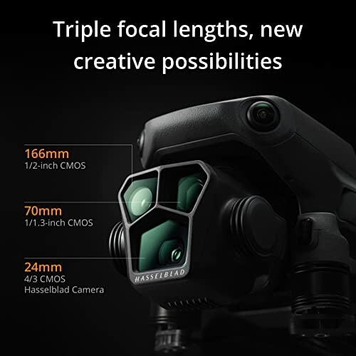 Drone camera with triple focal lengths: 166mm, 70mm, 24mm.