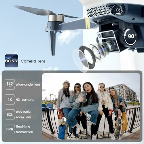 Drone camera features with a group of people and outdoor scene.