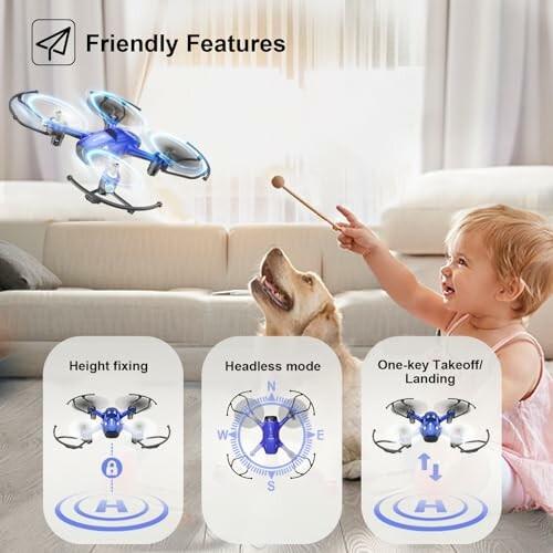 Child playing with a drone and dog, highlighting drone features.