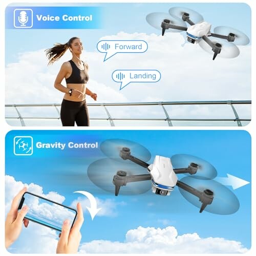 Woman jogging with voice-controlled drone and gravity control via smartphone.