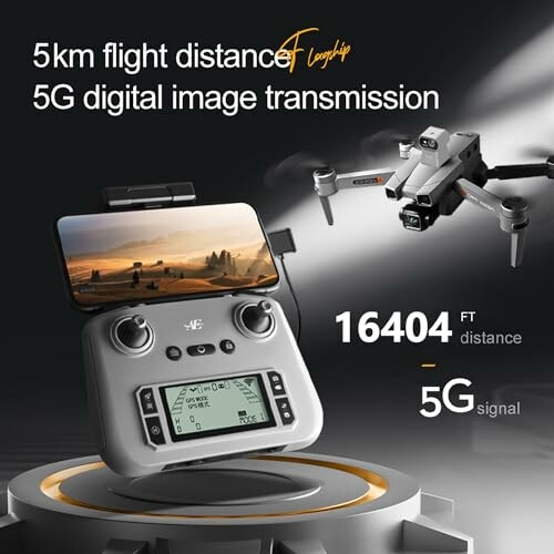 Drone and controller with 5km flight distance and 5G transmission.