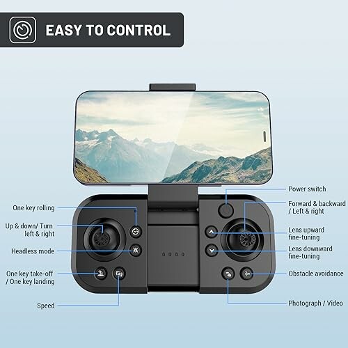 Drone controller with labeled functions and smartphone mount.