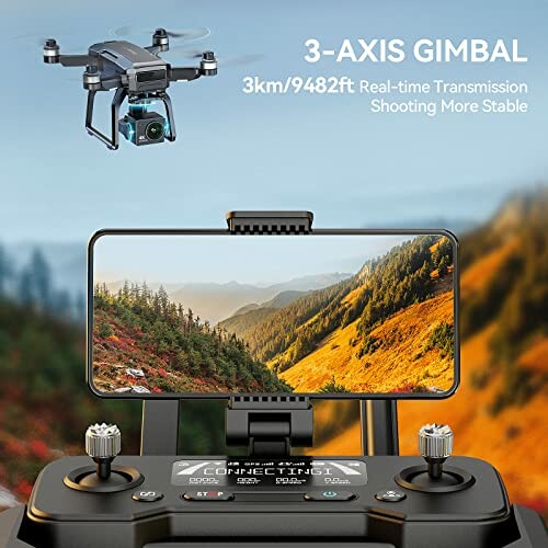 Drone controller with smartphone display showing landscape and 3-axis gimbal drone.