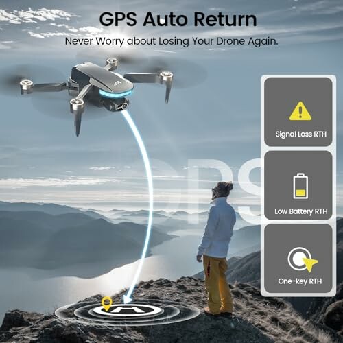 Drone with GPS auto return feature over mountains.