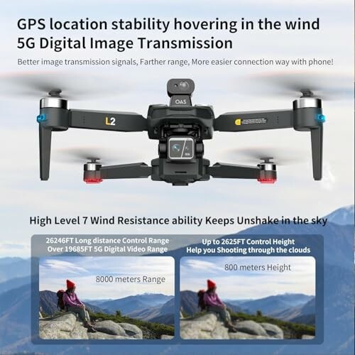 Drone with GPS stability and 5G digital transmission features over mountains.