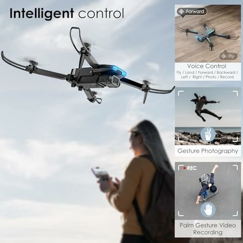 Drone demonstrating intelligent control features with voice commands, gesture photography, and palm gesture video recording.