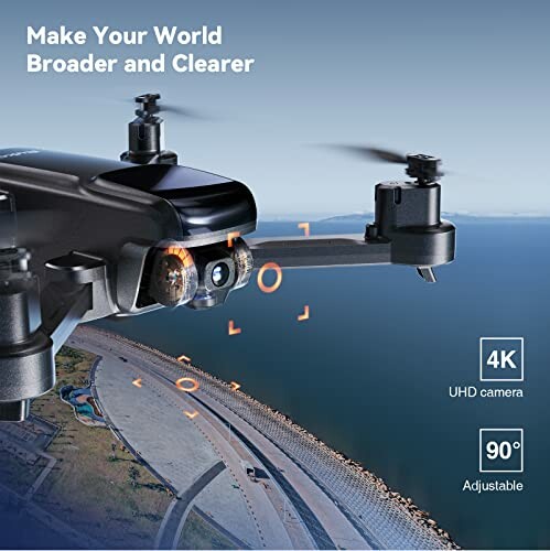 Drone with 4K UHD camera flying over water and coastline.