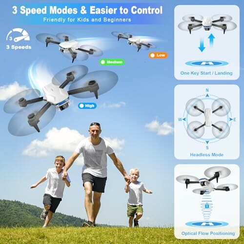Drone with three speed modes and features for easy control.