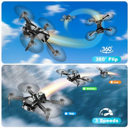 Drones performing 360 flips and flying at different speeds.