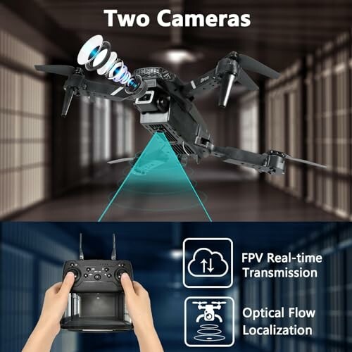 Drone with two cameras and features like FPV real-time transmission and optical flow localization.