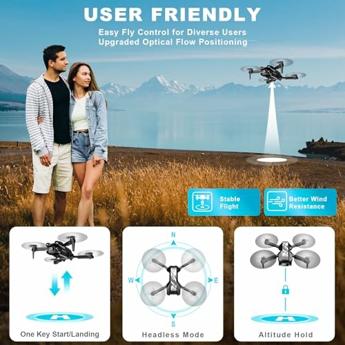 Couple standing by a lake with a drone featuring stable flight and wind resistance.