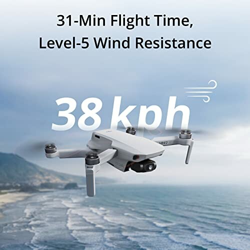 Drone with 31-minute flight time and level-5 wind resistance flying over the ocean.