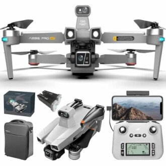 Drone with accessories, including camera, controller, and carrying case.