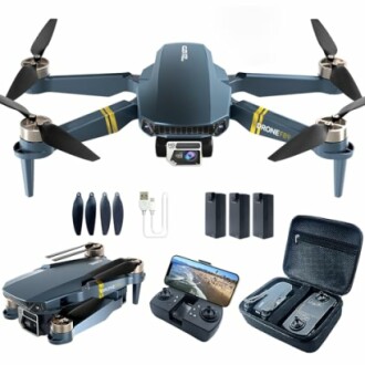 Drone with accessories including propellers, batteries, remote control, and carrying case.