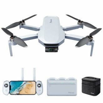 Drone with controller, battery pack, and carrying case.