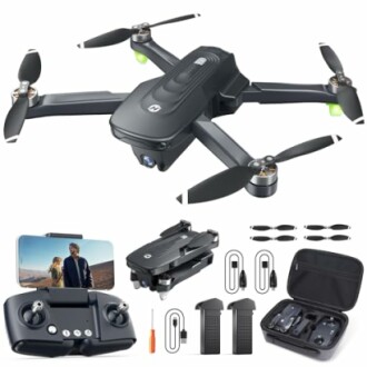 Drone with controller, batteries, and accessories.