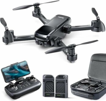 Quadcopter drone with controller, batteries, and carrying case.