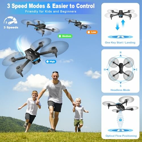 Family running with drone featuring 3 speed modes, one key start, and optical flow positioning.