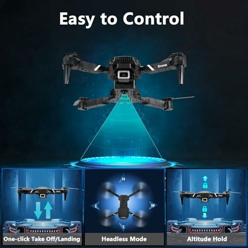 Drone demonstrating easy control features like one-click takeoff, headless mode, and altitude hold.