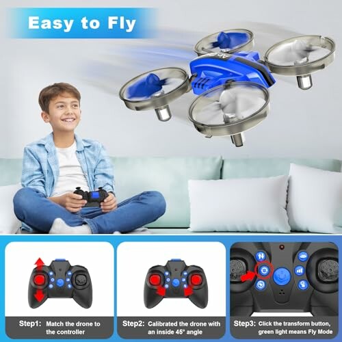 Boy holding remote control for drone, instructions for drone setup.