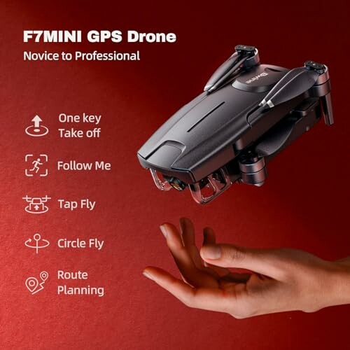 F7MINI GPS Drone hovering above a hand with features listed.