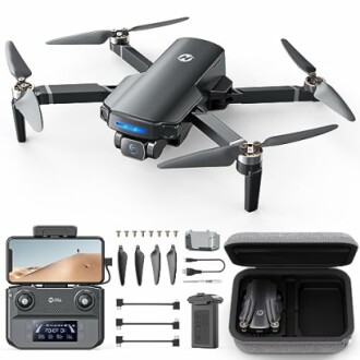 Foldable drone with remote, accessories, and carrying case.