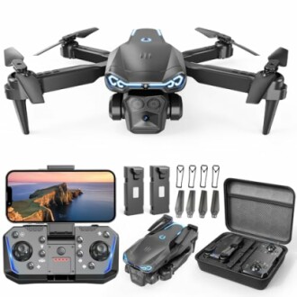 Foldable drone with controller, smartphone, batteries, propellers, and carrying case.