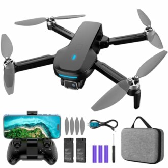 Foldable drone with remote, smartphone holder, batteries, and carrying case.