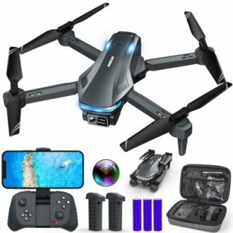 Foldable drone with controller, accessories, and carrying case.