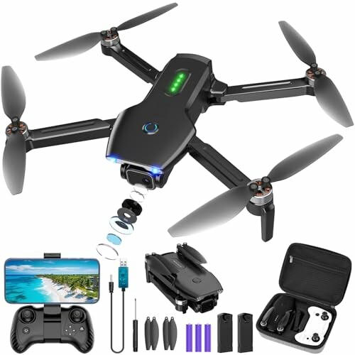 Foldable drone with remote, phone mount, batteries, and case.