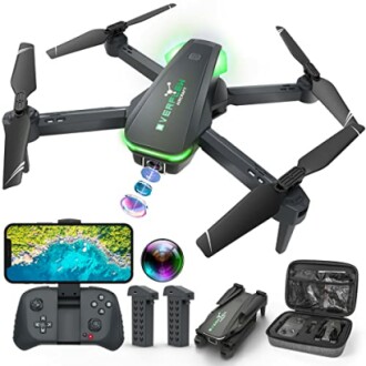 Foldable drone with controller, batteries, and carrying case.