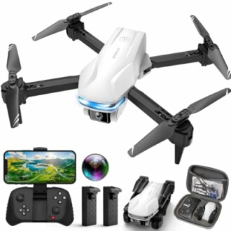 Foldable drone with camera and remote control, batteries, and carrying case.