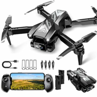 Foldable drone with camera, remote control, and accessories.