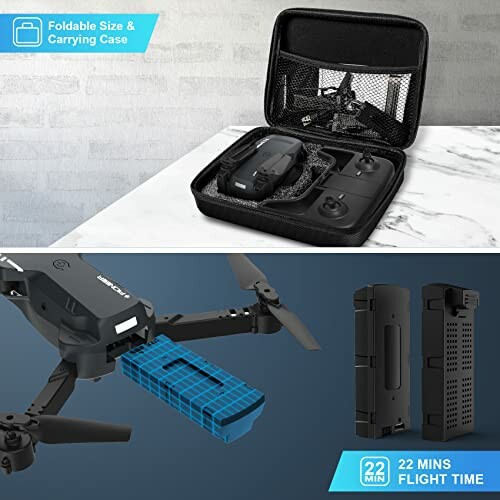 Foldable drone with carrying case and battery.