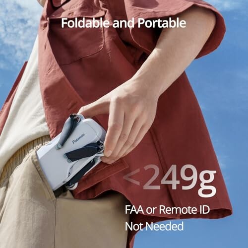 Person putting a foldable drone into a pocket, labeled under 249g, no FAA or Remote ID needed.